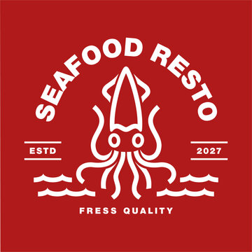 Seafood restaurant logo design template, squid symbol vector label