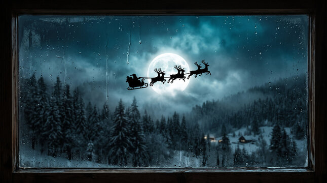 Santa claus with reindeer sleigh flying across the full moon over a snowy winter forest landscape viewed through a rainy window pane