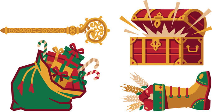 Traditional winter holiday vector elements set featuring golden crosier treasure chest gift sack and festive boot