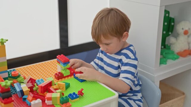 Boy in striped shirt stacking colorful plastic blocks on table, fingers placing brick beside scattered bricks and baseplate in playroom building; quiet concentration.