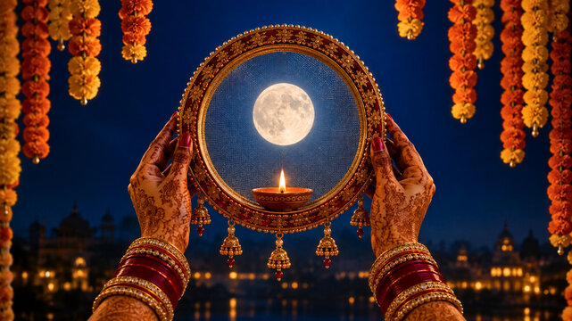 Close Up View Of Henna Decorated Woman Hands Holding Chhani Sieve Framing Full Moon With Diya Flame During Karwa Chauth Festival Night