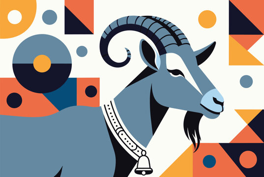 Artistic illustration of a wild goat or ibex with curved horns set against a colorful modern geometric background.