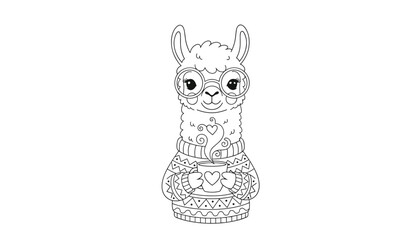 Obraz premium A charming black and white coloring page illustration of an adorable alpaca wearing round glasses and a patterned sweater holding a hot drink.