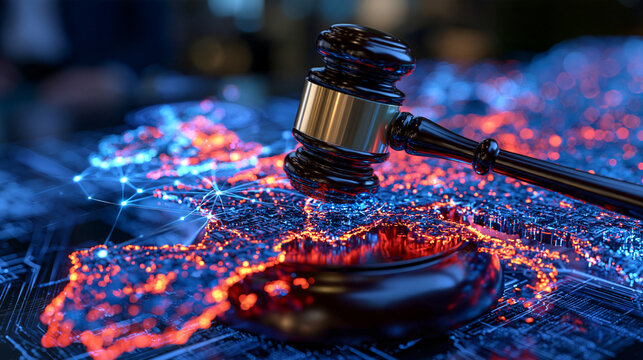 Modern technology regulation visualization showing a holographic gavel above a three-dimensional map of Europe, artificial intelligence circuitry and interconnected digital nodes covering the contin