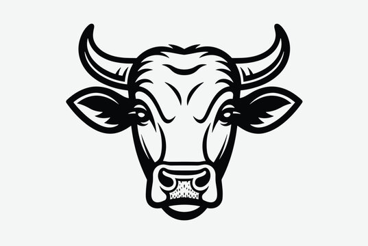 Bold black and white graphic design of a powerful bull head with sharp horns, suitable for emblem, logo, or tattoo art.