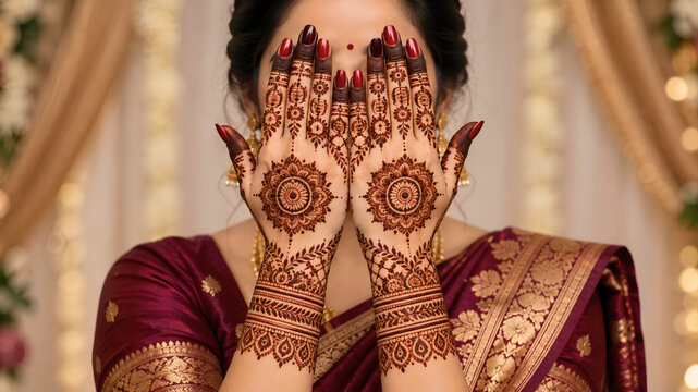 Close Up Of Indian Woman Hands Covering Face Displaying Intricate Floral Henna Mehndi Designs Wear Silk Saree For Festival Celebration