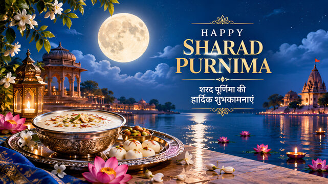 Sharad purnima festival greeting with kheer dessert near a river temple under a full moon hindu festival indian culture