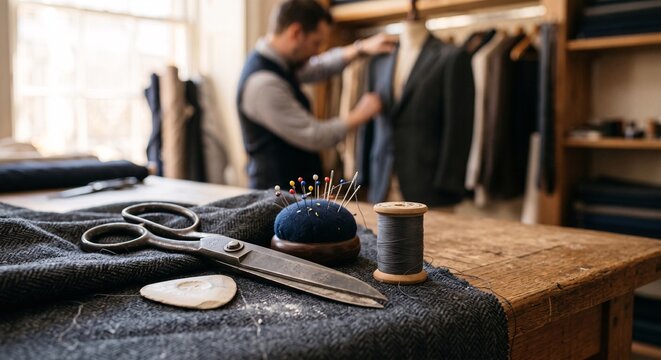Tailor working on a suit jacket in his workshop with vintage sewing tools in the foreground