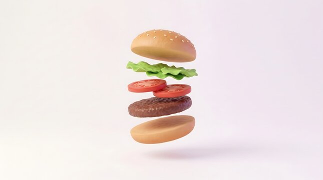 Stylized 3D Render Of A Deconstructed Burger With Ingredients Floating In Mid Air