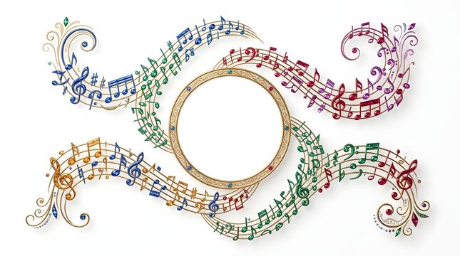 Colorful musical notes swirling around golden circle decorative design for celebration events
