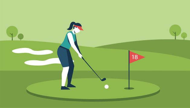Active female golfer in sports attire aiming for the eighteenth hole on a green golf course with hills and distant trees.