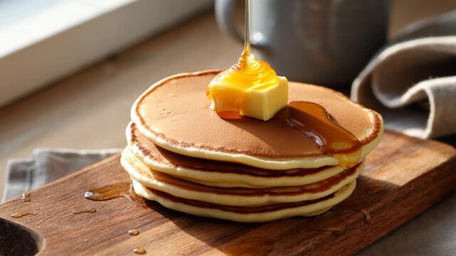 Delicious golden honey slowly pouring onto butter and a stack of fresh pancakes on a wooden board