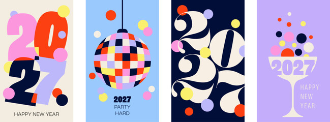 Fototapeta premium Four Happy New Year 2027 posters, stacked bold numerals, a disco ball and a champagne coupe. Bright party invitations and festive celebration templates