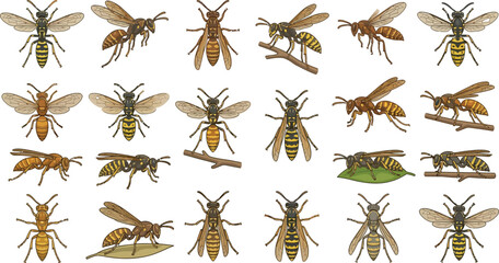 Fototapeta premium Various Wasp Insects Collection in Flat Vector Illustration Style