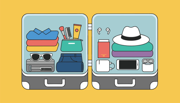 Top down view of an open suitcase organized with clothes, toiletries, a hat, and accessories for a vacation or business trip.