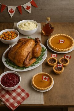 A festive Canadian Thanksgiving table featuring a roasted turkey, cranberry sauce, mashed potatoes, pumpkin pie, and maple syrup, decorated with Canadian flags.
