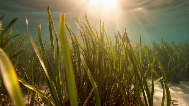 Underwater seagrass meadow featuring eelgrass, illuminated by beautiful sunlight rays in Atlantic Ocean waters, 4K video