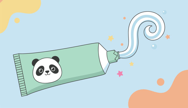 Playful toothpaste tube with a cute panda face squeezing out a thick swirl of blue and white paste among colorful stars and bubbles.