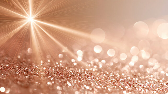 Bright eight-point star burst on the left side of the frame with clean glowing beams stretching across, soft rose gold glitter haze floating over transparent space, wide clean empt