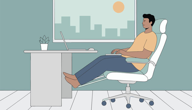 Man sitting in an ergonomic white office chair with his feet up on a footrest while working on a laptop at a desk with a city view.