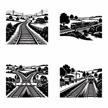 Detailed vector illustration of a straight railway line with parallel steel tracks and wooden sleepers receding into the distance, representing transportation and industrial logistics.