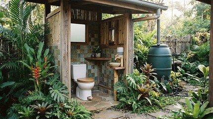 Fototapeta premium Eco friendly outdoor bathroom in lush tropical garden setting.
