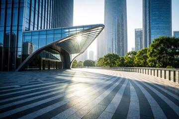 Fototapeta premium Modern urban architecture with glass skyscrapers, wide paved plaza. Sunny day in metropolis shows sleek office buildings, green trees. Empty city street with contemporary design, bright sunlight,