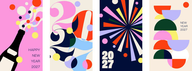 Obraz na płótnie Canvas Happy New Year 2027 posters, a popping champagne bottle, numerals, a firework burst and stacked shapes. Bright festive celebration templates