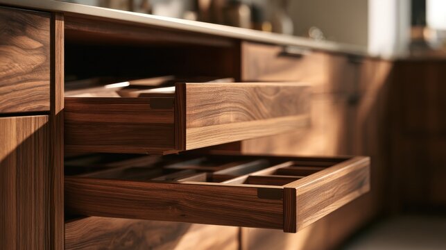 Interior view showing organized drawer inserts and pullout tray in premium cabinetry