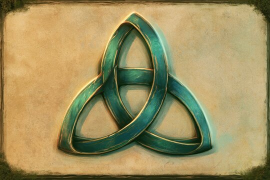 Interlaced triquetra design: Celtic knot with gold highlights on parchment background