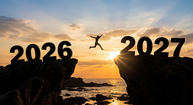 Inspirational silhouette jumping from year 2026 to 2027 at sunset, successful transition to new year 2027, future goals and progress concept