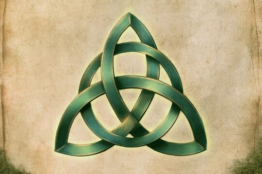 Interlaced triquetra design: Celtic knot with gold highlights on parchment background