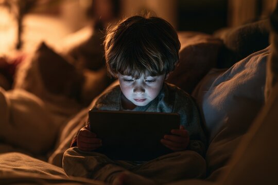 Intimate night scene of a kid focused on a tablet, soft shadows and warm ambience