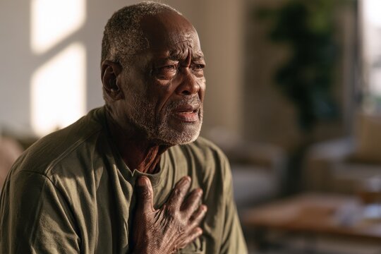 Intimate portrait of a mature man distressed by chest pain, warm indoor lighting and subdued mood