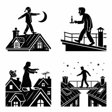 Flat vector illustration of a sleepwalker character in pajamas walking with arms outstretched and eyes closed, somnambulism concept icon isolated on a white background.