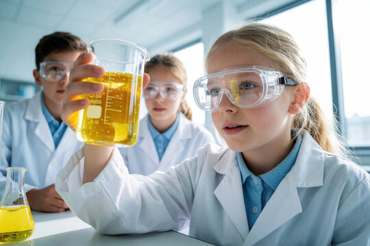 Group of diverse school children conduct chemistry experiment in science lab. Young girl holds glass beaker with yellow liquid wearing safety goggles, lab coat. Students learn science through hands