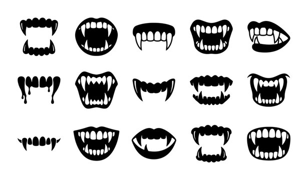 Vampire fangs and mouths set, scary Halloween vector icons for design