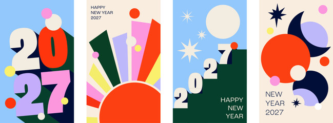 Naklejka na ściany i meble New Year 2027 posters, bold shadowed numerals, a rising sunburst, a staircase and moon phases. Bright festive greeting cards and new beginning templates