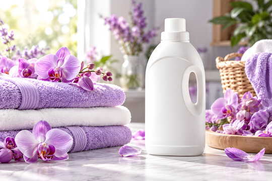 Blank Detergent Bottle Mockup with Orchids and Towels