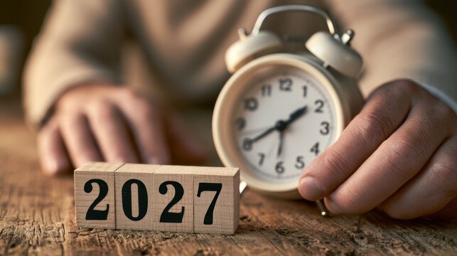 Person holding vintage alarm clock with wooden block numbers displaying year twenty twenty-seven on rustic surface
