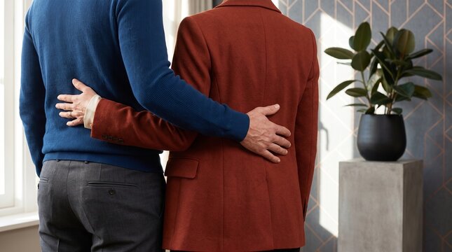 Two men standing together with their arms around each other in a room