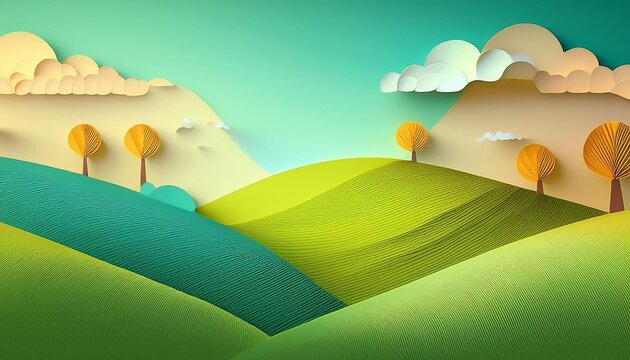 Green Rolling Hills Landscape, Peaceful Countryside and Minimal Nature Illustration Concept