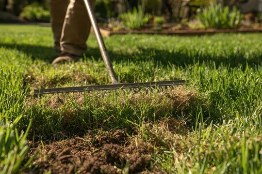 Lawn care in spring: removing thatch with a rake in a sunny yard