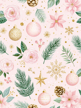 seamless Christmas pattern against a blush pink background