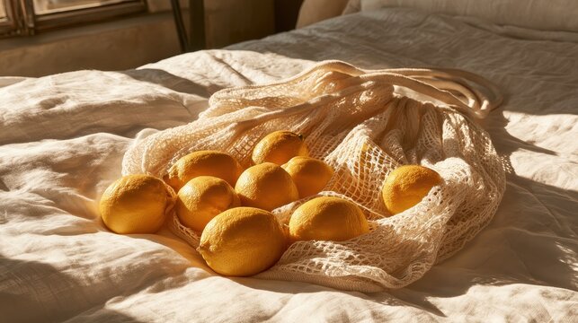 Lemons in a cotton mesh bag on a linen bed for a sustainable lifestyle still life