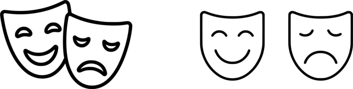The image features two theatrical masks, one with a smile and the other with a frown, symbolizing comedy and tragedy in a black background setting