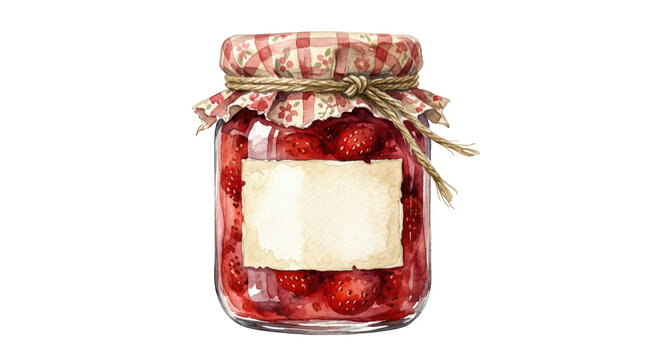 Watercolor illustration of a jar of strawberry jam isolated on transparent background