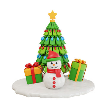 Snowman, Christmas gift boxes, and Christmas tree on snow ground 3d render illustration