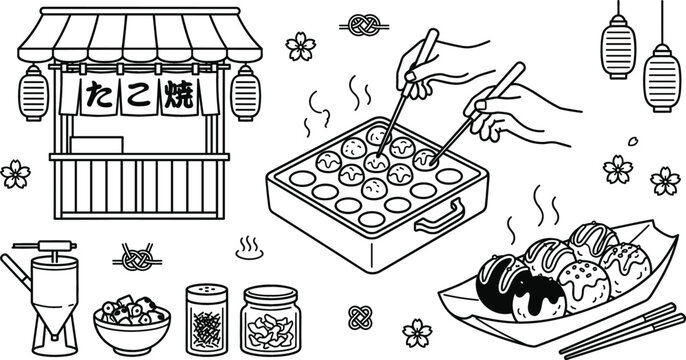 Takoyaki vector icon set featuring street food stall cooking pan hands with toothpicks lanterns and line art illustrations