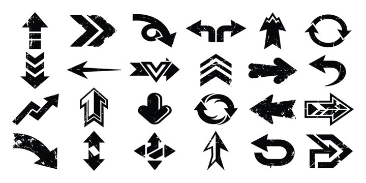 Grunge hand drawn arrows set, black ink brush stroke pointer icons, textured charcoal sketch directional symbols for creative design layouts.